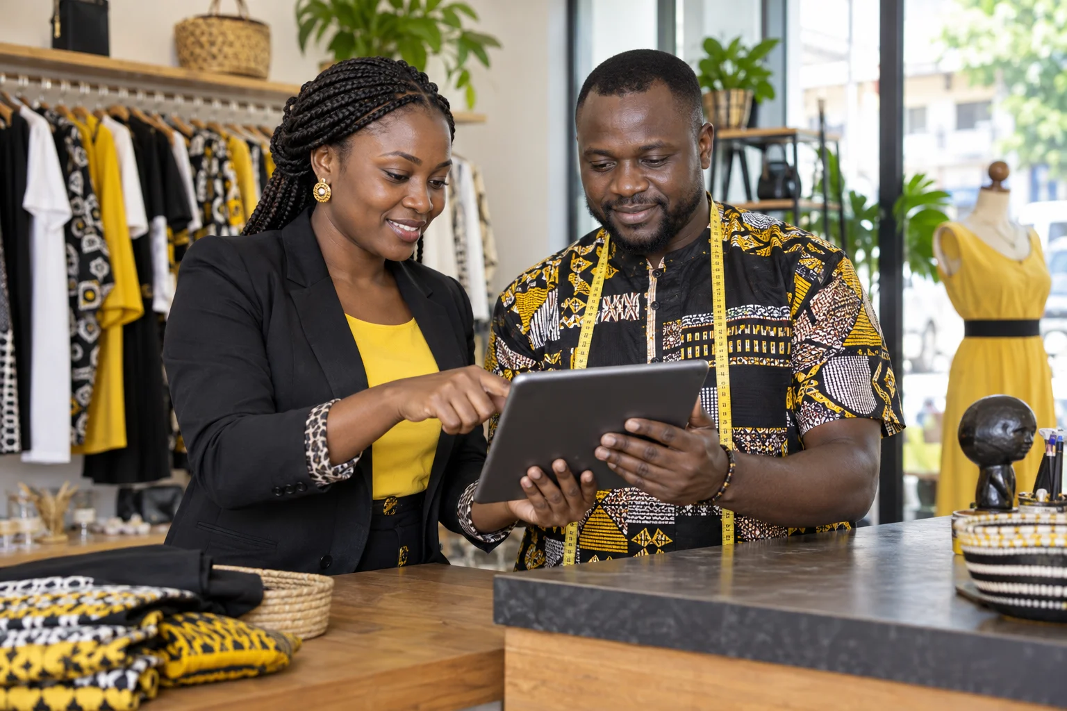 Illustration of a female digital business adviser helping a male shop owner use a tablet in Cameroon