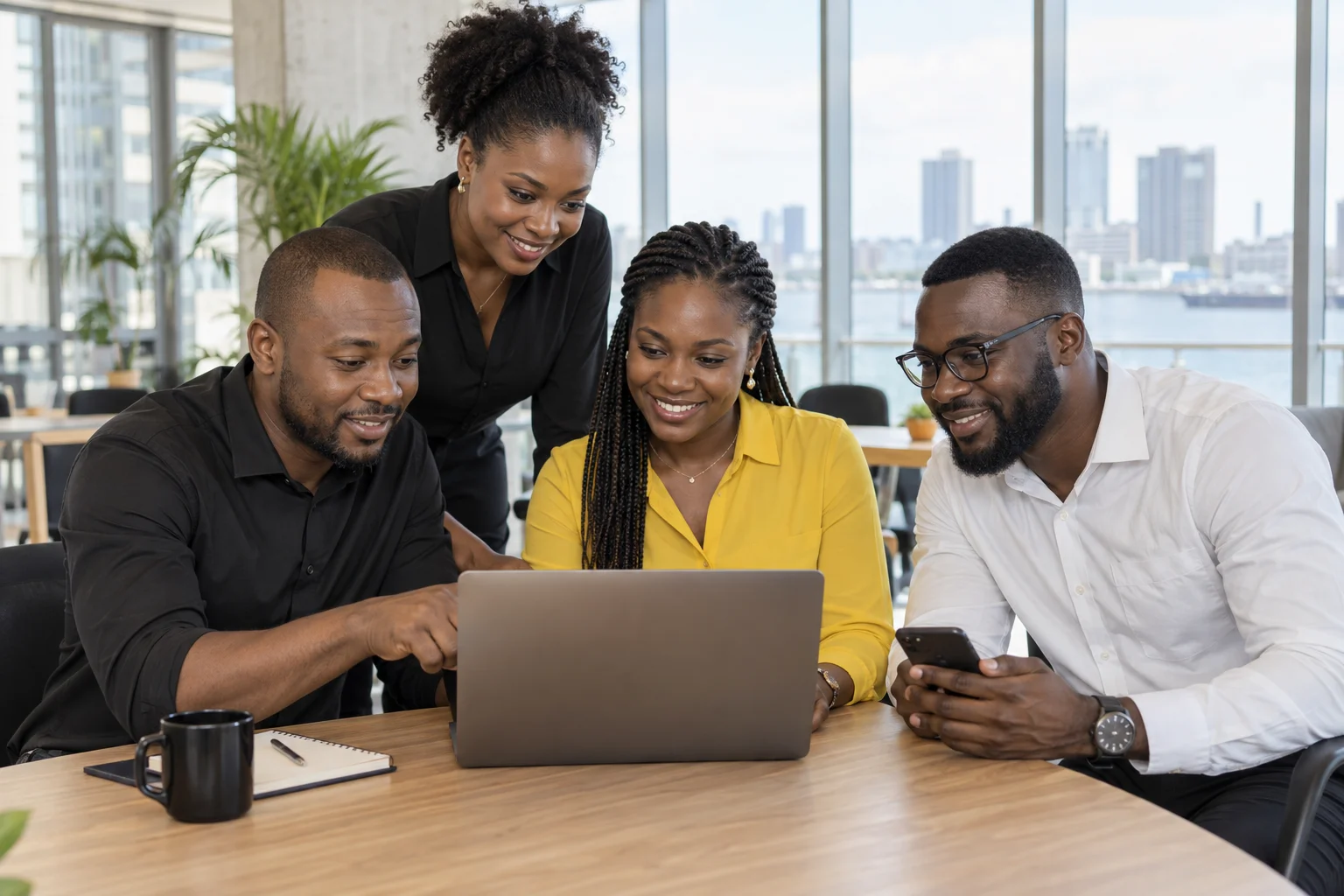 Illustration of Cameroonian women and men collaborating around a laptop in a bright professional workspace